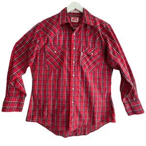 Vintage Levi's 80s | L | men's red black plaid pearl snap shirt
